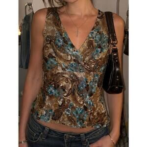 Y2K Lace Mesh Paisley Brown Blue M Babydoll Top Fairy Grunge Indie Sleaze EUC